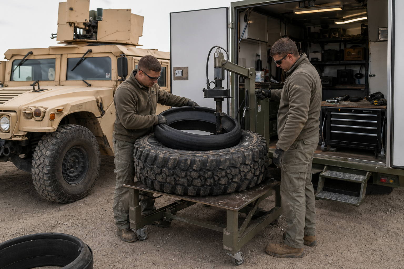 Humvee run-flat insert maintenance beside a mobile field service trailer