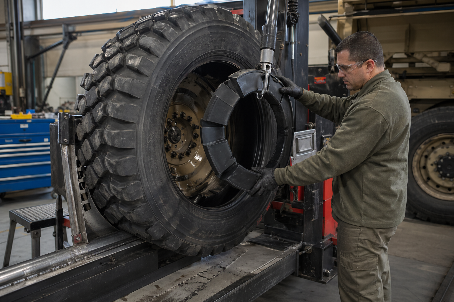 Technician aligning a modular run-flat insert during military wheel assembly service