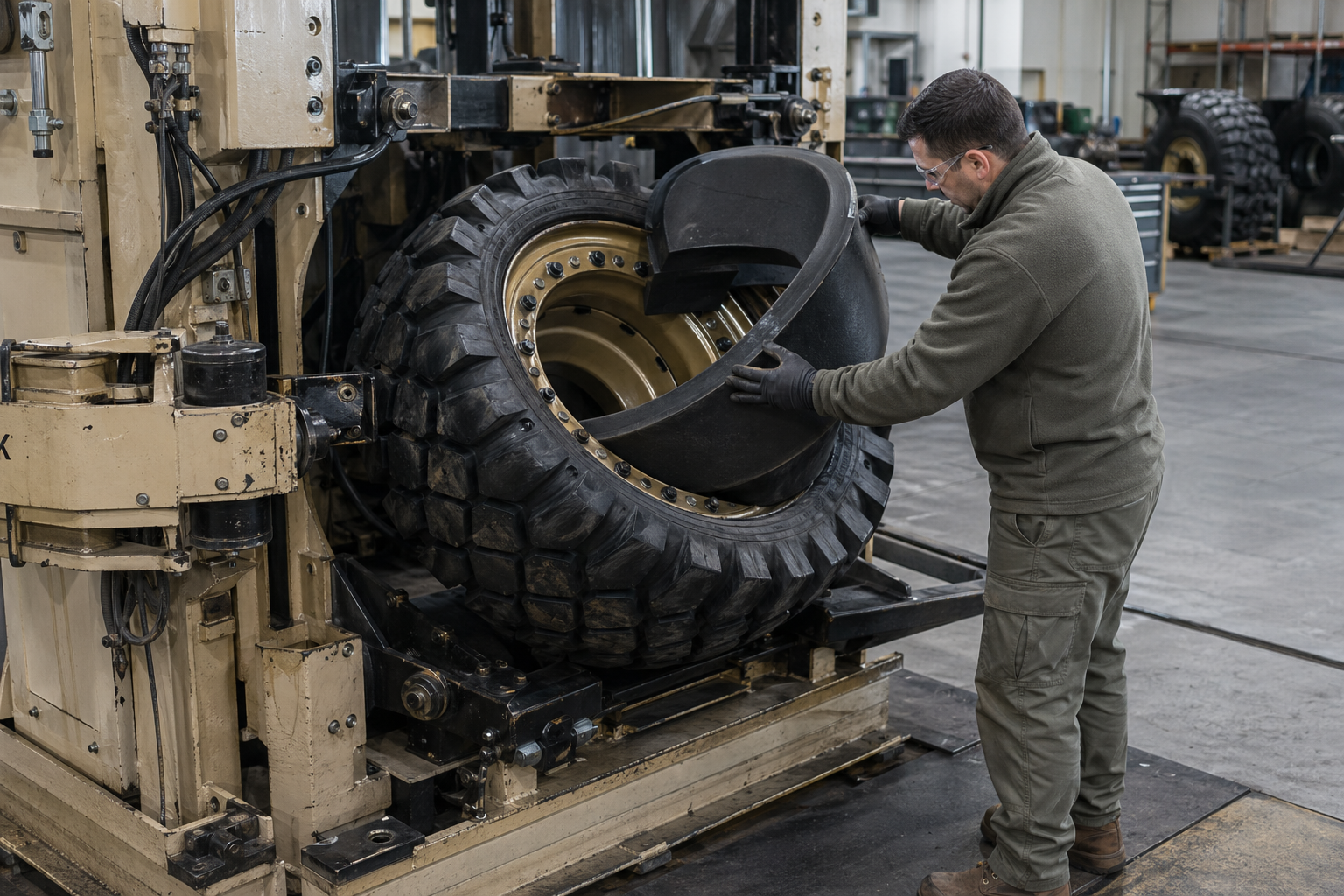 Military run-flat assembly process with guided insert positioning on service equipment