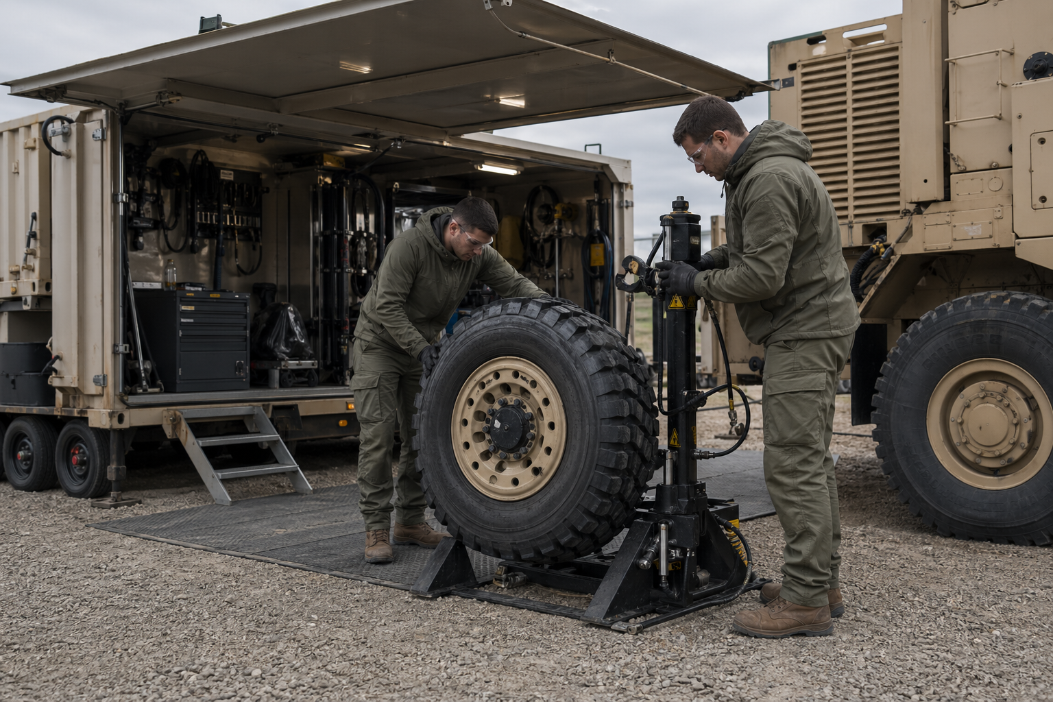 Container-based military run-flat tire service workflow beside a mobile field maintenance unit